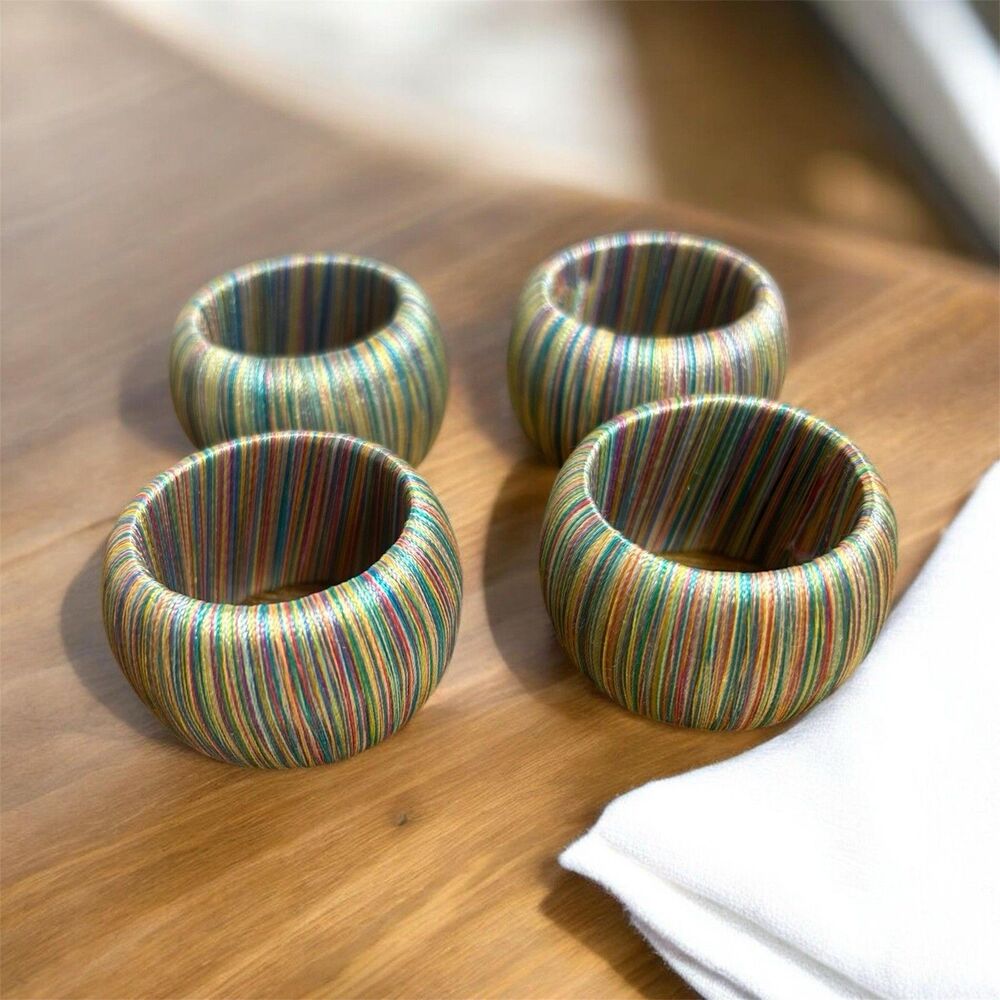 Vintage Boho Rainbow Napkin Rings Set of 4 Colorful Woven Striped Table Decor